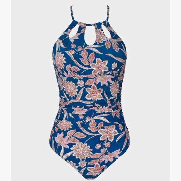 NIP CUPSHE Blue Floral One Piece Swimsuit High Neck Tummy Control Swimwear Sz:L - Picture 6 of 11